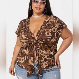 Kasper Open Tie Front Blouse Brown Floral Y2K Size 12 Petite